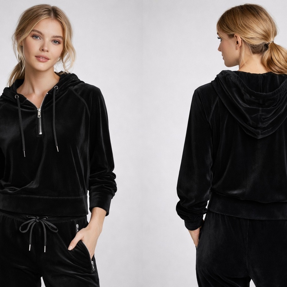 Rag & Bone Hoodie Sweatshirt Womens XS Black Velvet Cropped